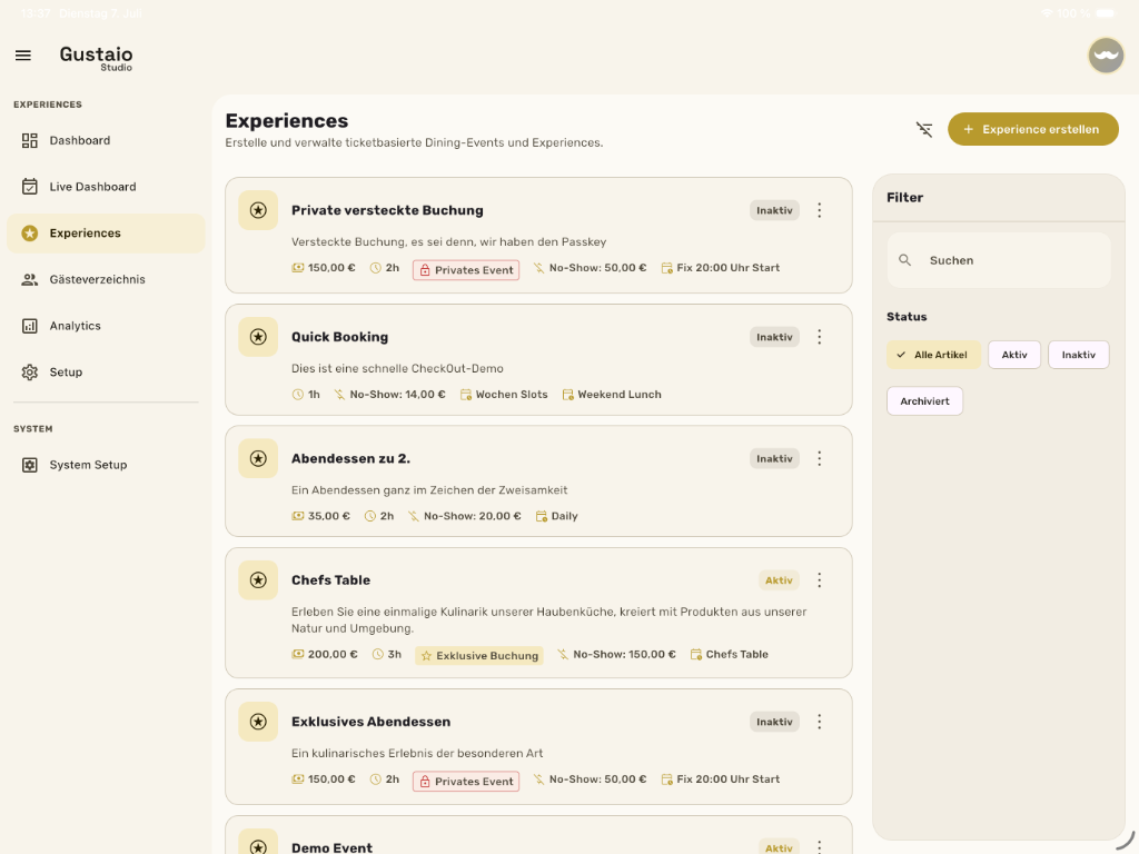 Gustaio Studio — all experience types in one view